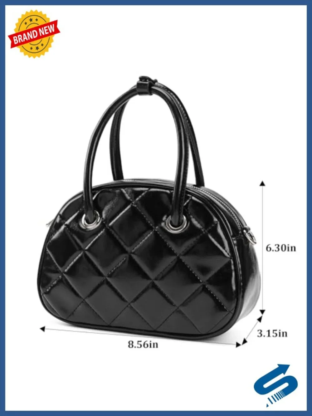 Quilted Mini Boston Bag, Glossy Vegan Leather Convertible Satchel with